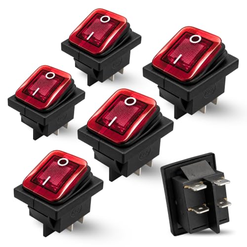 Interruptor Basculante DPST ON/OFF 4 pin, Luz Roja, 5 Unidades