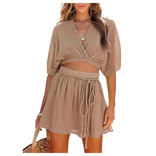Dokotoo Linen Matching Sets for Women Cute Dresses V Neck Bat Sleeve Short Tops Side Split Skirt Sets Women 2 Piece Outfits Khaki Size Large