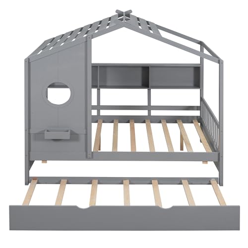 Image of Full Size House Bed with Roof and Window for Kids, Wooden Playhouse Bed with Storage Shelves and Trundle for Bedroom Furniture Girls & Boys (Grey /T2)