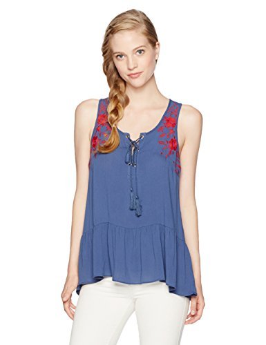 My MichelleWomen's Tank Top with Lace Up Front and Embroidery, Blue, L