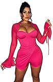 Salimdy Women Sexy See Through Long Sleeve Short Jumpsuits Sheer Mesh Skinny Pants Club Rompers Rose
