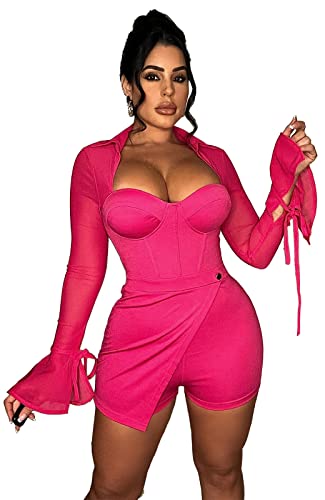 Salimdy Women Sexy See Through Long Sleeve Short Jumpsuits Sheer Mesh Skinny Pants Club Rompers Rose #TOP21