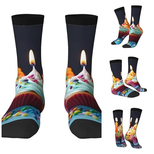 LZQPOEAS Colorful Happy Birthday Cupcakes Athletic Socks Unisex Cushioned Crew Socks Hiking Running Calf Sock Soft Above Ankle Sock
