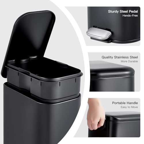 Image of GarveeHome 3.2 Gal Slim Trash Can, Step Garbage Can with Soft-Close Lid, Stainless Steel Recycling Bin Waste Container with Removable Inner Bucket for Kitchen, Bathroom, Office, Black