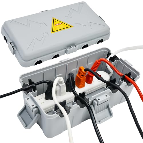 Hrensaw Medium Outdoor Electrical Box(10.6x5.5x4.5inch),Weatherproof Connection Box w/6 Cable Entry,IP54 Waterproof Extension Cord Cover Protect Power Strip,Timer,Plug,Holiday Lights,Grey