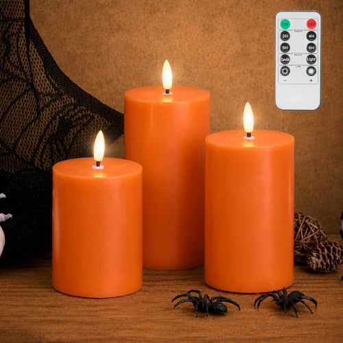Image of JOIONE Orange Flameless Pillar Candles with Remote, 3 Pack Halloween Decor | Battery Operated LED, Fall Orange Real Wax, Remote Control, Warm Flickering Glow, Safe Halloween Home & Party Decor
