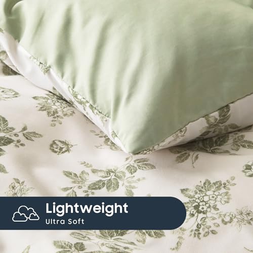 Image of Wake In Cloud - Queen Size Comforter Set, 3-Piece, Floral Shabby Chic Coquette Cottagecore Cute Flower White Sage Green, Soft Lightweight Bedding for Women Girls
