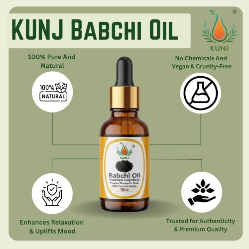 Image of KUNJ Babchi Oil 10ml - 100% Pure & Natural Cold Pressed Undiluted Babchi Oil for Skin, Face, Hair & Scalp Care | Supports Natural Glow, Smooth-Looking Skin & Hair Nourishment