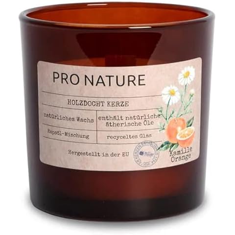 Müller Kerzen PRO NATURE Duftkerze im Glas mit Holzdocht und Rapswachs - Kamille & Orange Duft Cover
