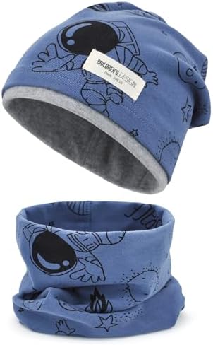 beifon Kinder Beanie Mütze & Loop Schal Set, 95% Baumwolle Mütze Schal Set Mädchen Jungen 2-8 Jahren, Schlauchschal Warme Wintermütze Strickmützen für Herbst Winter Frühling