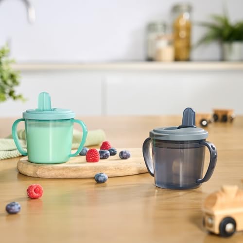 Baby Beakers First Flip Top Cups, 220ml x 2 Pack Teal & Grey Tiny to