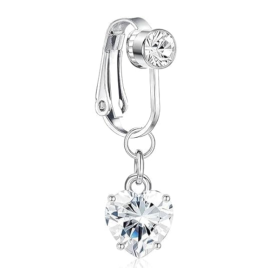 Silver Belly Navel Clip - Non-Piercing CZ Butterfly & Heart Dangly Belly Button Ring, Surgical Steel Clip-On Belly Piercing Jewelry Heart Shape Belly Button Navel Ring For Women (1 Pc)