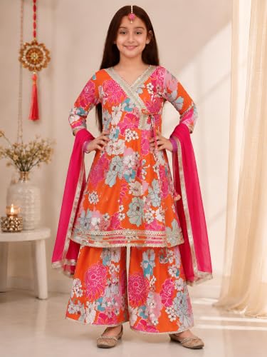 Image of Preneum Girls's Ethnic Cotton Bandhani & Lehariya Printed 3 /4 Sleeves Gotta Patti Angrakha Kurta with Sharara Set