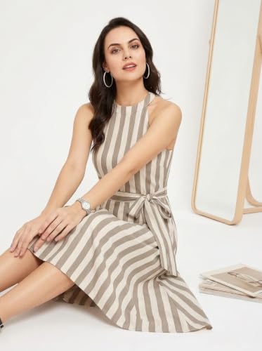 Image of Women Fit & Flare High Low Midi Dress | Sleeveless Round Neck One Piece Dress with Waist Tie Detail | Flowy Western Dress for Party and Casual Styling