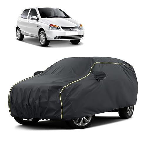 Image of Sulfar 100% Water Resistant Car Body Cover Compatible with Mirror for Tata Indigo (Triple Stitched, Full Bottom Elastic, Dark Grey Taffeta with Yellow Piping)