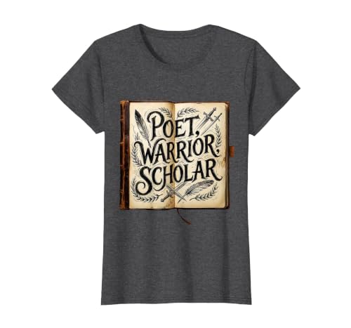 Poet Warrior Scholar Renaissance Design T-Shirt, Women, Dark Heather Grey, Medium