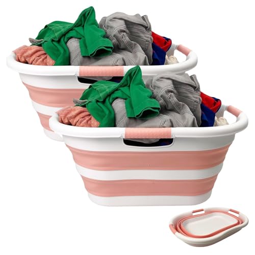 Image of SAMMART 40L (10.5 gallon) Set of 2 Collapsible Plastic Laundry Hamper - Foldable Pop Up Storage Container /Organizer - Portable Washing Tub - Space Saving Basket (2, White /Quartz Pink)