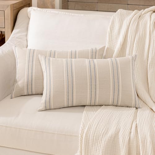 Image of Hckot Lumbar Throw Pillow Covers 12x24 Set of 2 Dusty Blue Pillow Covers Farmhouse Decorative Pillows Textured Linen Square Cushion Covers for Sofa Couch Bed Living Room Decor(Dusty Blue)