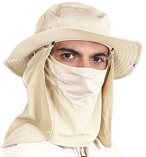 Tough Headwear Men's Sun Hat with Neck Flap - Wide Brim Hat w/UV Protection, Sun Protection Outdoor Hat, Landscaper Hat, Light Khaki - With Full Face Cover, One size