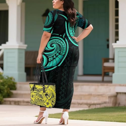 Image of Puletasi Samoan Traditional 2 Piece Outfits for Women Short Sleeve Crop Top and Maxi Skirt Sets Puletasi Dress