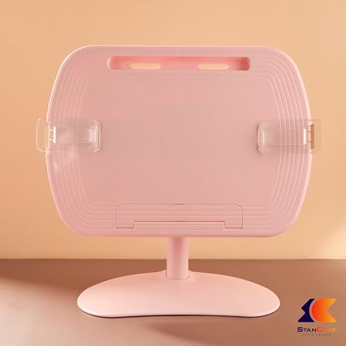 Image of 1 Compartment Portable Adjustable Tablet Holder with Folding Hands Rotatable Book Stand Holder for Reading - Ideal for Cookbooks, Sheet Music, and More - Textbook Holder Organizer (Pink)