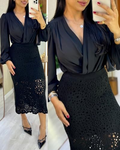 CHICME Casual Hollow Out Crochet 2025 Mid Calf Skirt for Women Elegant Eyelet Lace Casual High Waisted A-Line Skirt4