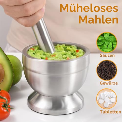 Foto von Sopito Mörser Edelstahl, klein, mit Stößel, Silikondeckel & Bürste
