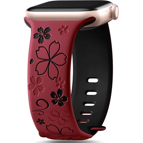 Floral Engraved Band Compatible with Apple Watch Bands for Women 40mm 41mm 42mm 38mm 44mm 45mm 46mm, Soft Silicone Cute TwoTone Flower Sport Strap for iWatch Series 11 10 9 SE 3 8 7 6 5 4 2 