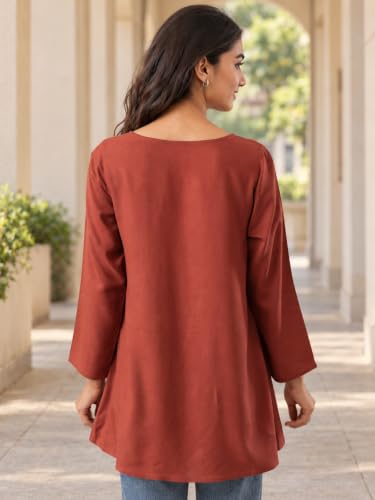 Image of QAZMI Women's Azra Kashmiri A-Line Full Sleeves Viscose Rayon Short Kurti