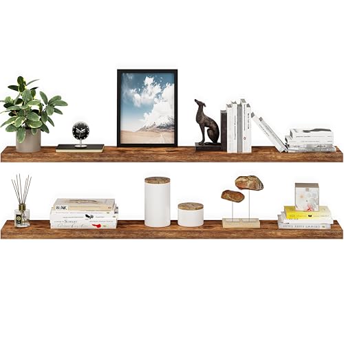 Ballucci Floating Shelves for Wall, 60" Wood Wall Shelf Set of 2, with Invisible Brackets for Bathroom, Living Room, Bedroom, Kitchen, Nursery, 8" Deep, Rustic Brown