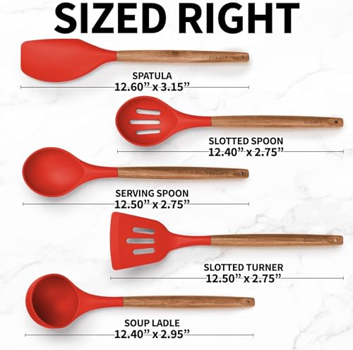 Image of Non-Stick Silicone Cooking Utensils Set, 5 Pcs With Wooden Handle, Heat Resistant Silicone Kitchen Gadgets (Red, 5)
