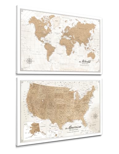 Image of IPIC - Vintage World Map & USA Map Canvas Wall Art Set of 2, Travel Art Prints for Office, Home, Study and RV, Push Pin Board Decor for Travel Lovers, Ready to Hang
