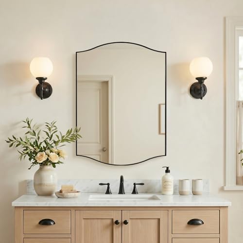Image of ANDY STAR Black Bathroom Mirror, 22 inchx30 inch Scalloped Wall Mirror in Stainless Steel Metal Frame, Unique Vanity Mirror with Modern Curved Edge Design, Ideal for Bathroom, Bedroom, Entryway