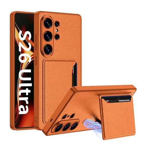 For Samsung Galaxy S26 Ultra�p ���U�[�P�[�X ? �X�����^�E�}�O�l�b�g�J�E�J�[�h�z���_�[�E�X�^���h�@�\�t���E�����Y�ی��̌^�J�o�[,Orange