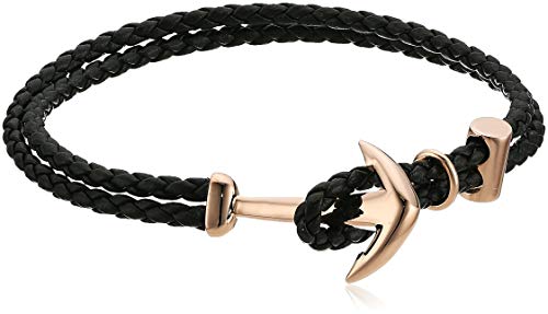 Steve Madden Men's Black Braided Faux Leather Bracelet with Anchor Hook Closure in Rose IP Stainless Steel