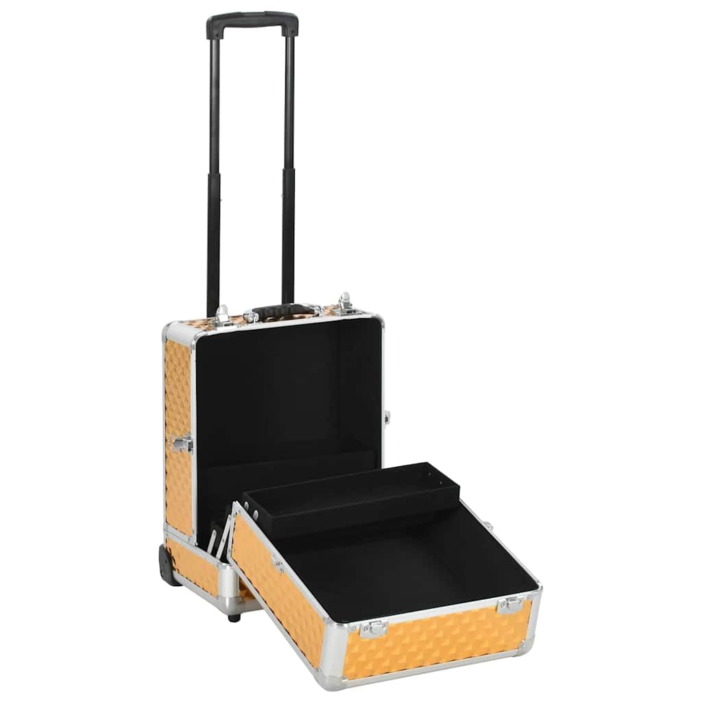 Mangloder Kosmetikkoffer 35×29×45 cm Gold Aluminium Kulturbeutel Reiseetui Organizer Aufbewahrung für Beauty, Hygiene, Pflege, Schminke, Camping, Urlaub, wasserabweisend, mit Rollen