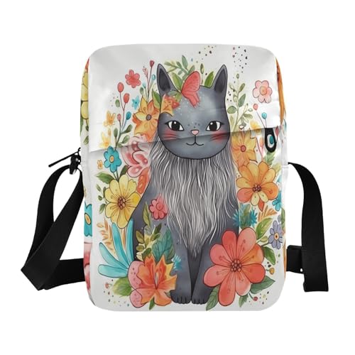 mens messenger bag Shoulder Bag For Woman Casual Purse Cross Body Adjustable Strap for work work - Cats Flowers Colorful