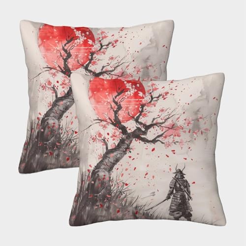 FELASBUID Samurai Warrior—Japanese Ink Painting Style Pillow Covers 2 Pack Cozy Pillowcase Available All Seasons Cushion Cover Zippered Decor Sofa for Living Room Bedroom 50x50cm