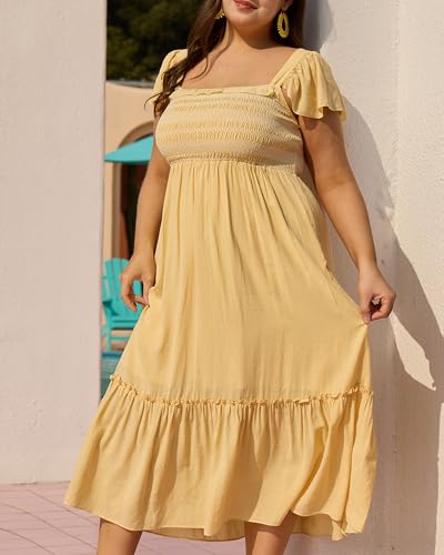 Women's Plus Size Maxi Dress Cap Sleeve Summer Casual Smocked Tiered Ruffle Beach Long Dresses with Pockets3