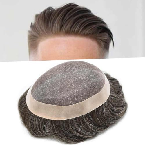 Right Hair Men Hair Piece Natural Hairline Fine Mono Toupee For Men European Human Hair Replacement System Men's Toupee Hairpiece Hair Prosthesis 8X10#310#3 Dark Brown+10% Grey 120% Density
