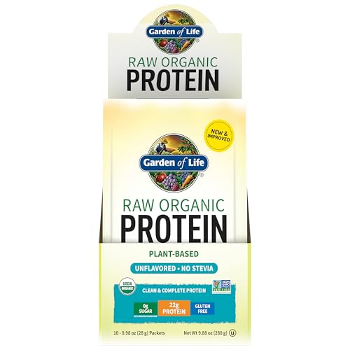 Organic Vegan Unflavored Protein Powder - Garden of Life 22g Complete Plant Based Raw Protein & BCAAs Plus Probiotics & Digestive Enzymes for Easy Digestion Non-GMO Gluten-Free Lactose Free 10ct Tray