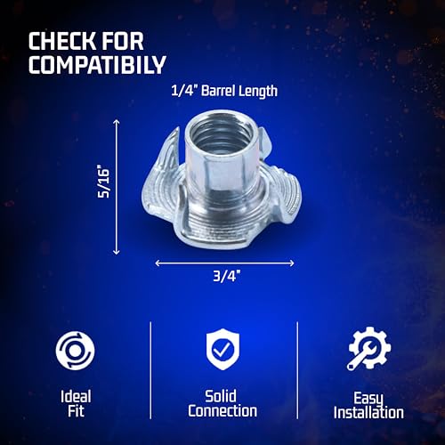 Bolt Dropper T-Nut Wood Insert, Carbon Steel, Black Zinc Finish, 4-Prong 1/4