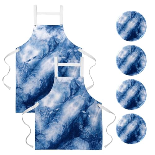 Tablier de cuisine texture bleu marbre lot de 2 avec 4 broches ajustables