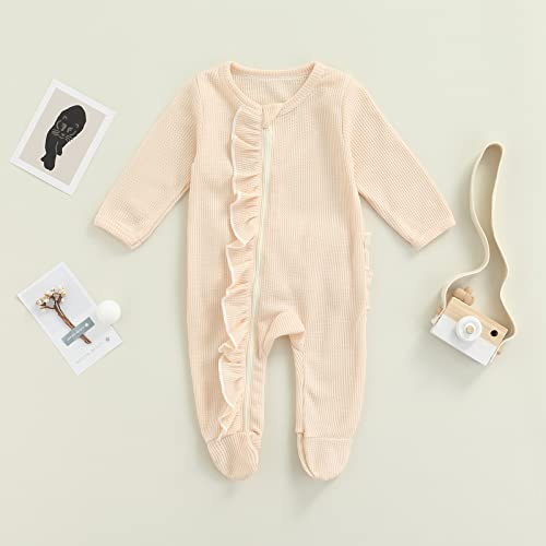 Newborn Infant Baby Girl Romper Onesie Footed Romper Ruffle Jumpsuit Cute Fall Winter Outfit Clothes (C Waffle Knit Ruffle Footies Beige, 0-3 Months) #TOP2