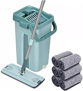 SWISSPACK Superior Sturdy And Strong Floor Mop and Bucket Set  Easy and Simple Squeeze Bucket, Flat Mop with 6-Pack Replacement Machine Washable Microfibre Mop Pads All Floors Types (Green)