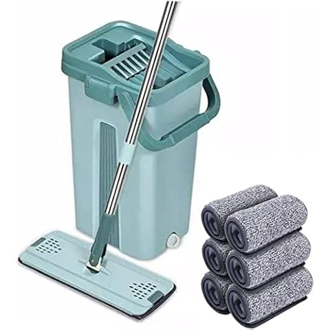 SWISSPACK👍 Superior Sturdy And Strong👍 Floor Mop and Bucket Set − Easy and Simple Squeeze Bucket, Flat Mop with👍 6-Pack👍 Replacement Machine Washable Microfibre Mop Pads All Floors Types (Green) Cover