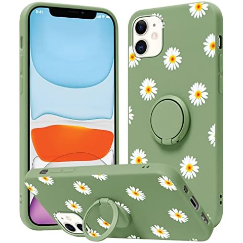 Yoedge Phone Case for iPhone 11 6.1", 360° Ring Holder Kickstand Support Magnetic Car Mount, Slim Silicone Soft TPU Shockproof Protection Matte Case for iPhone 11 for Women Girls, Daisy Cover