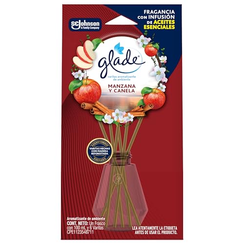 La mejor selección de Fragancias para el hogar - los preferidos. 49 Glade Aromatizante Varitas Aroma Manzana y Canela, Fragrancia Continua por Hasta 45 Dias, Frasco con 100 ml y 6 Varitas