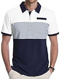 Aiyino Men's Color Block Polo Shirts, Short Sleeve Two-Tone Striped Cotton Golf T-Shirt for Men White