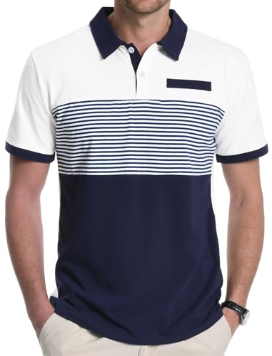 Aiyino Men's Color Block Polo Shirts, Short Sleeve Two-Tone Striped Cotton Golf T-Shirt for Men White